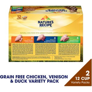 Nature's Recipe Grain-Free Chicken Recipe, Chicken & Venison Recipe & Chicken & Duck Recipe in Savory Broth Variety Pack Wet Dog Food, 2.75-oz, case of 24