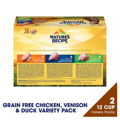 Show full view: Nature's Recipe Grain-Free Chicken Recipe, Chicken & Venison Recipe & Chicken & Duck Recipe in Savory Broth Variety Pack Wet Dog Food, 2.75-oz, case of 24 slide 3 of 13