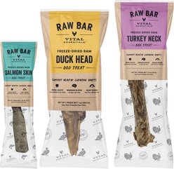 Vital Essentials Raw Bar Dog Treat Variety Pack: Duck Head + Salmon Skin + Turkey Neck slide 1 of 9
