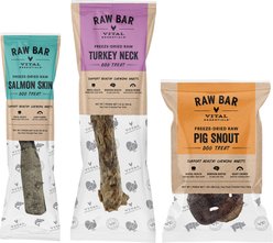 Vital Essentials Raw Bar Dog Treat Variety Pack: Turkey Neck + Pig Snout + Salmon Skin