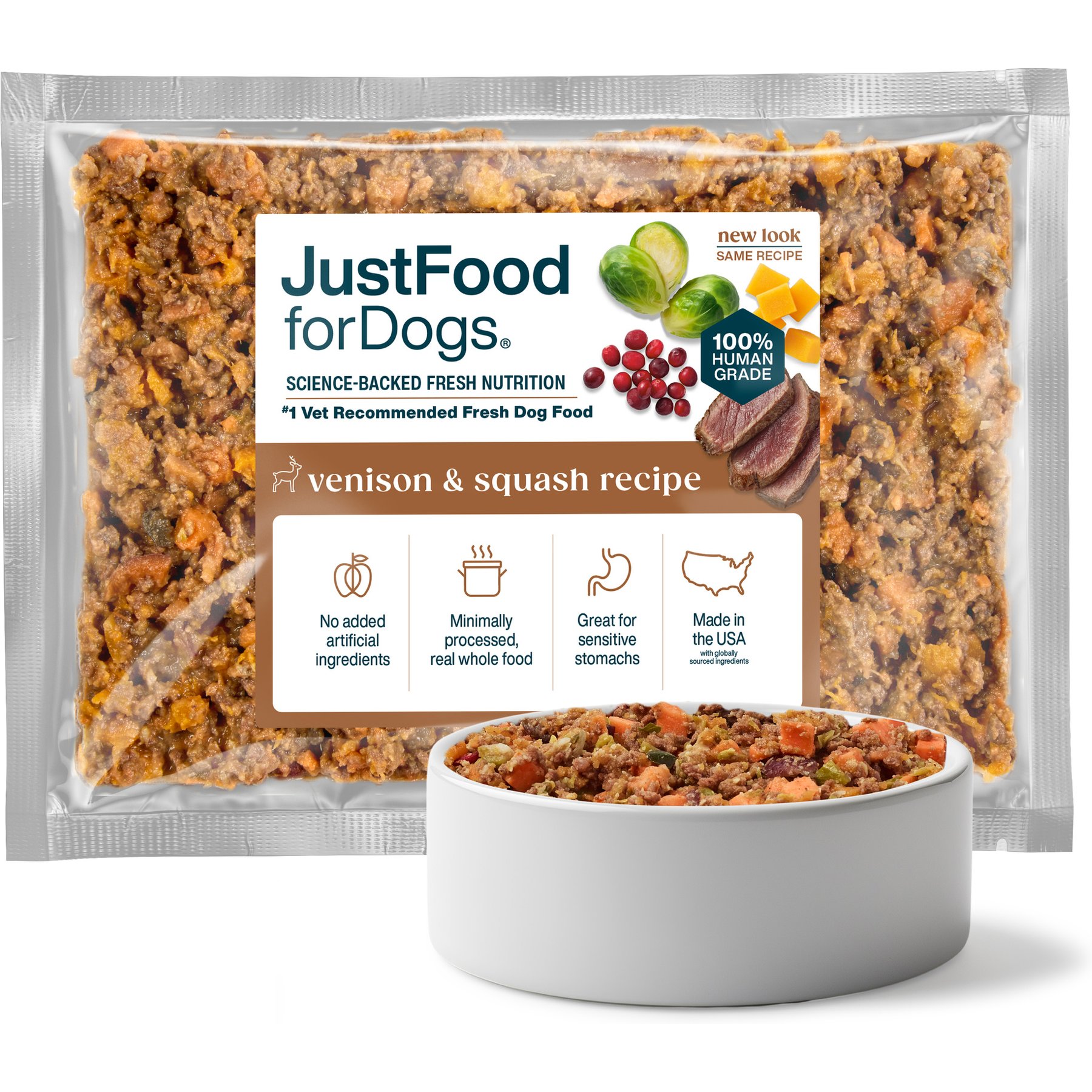 JustFoodForDogs Venison & Squash Recipe Frozen Human-Grade Fresh Dog Food, 72-oz pouch, case of 7
