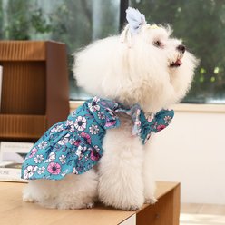 CuteBone Flower Machine Washable Floral Ruffled Sleeves Dog Dress, Blue, Small slide 2 of 8