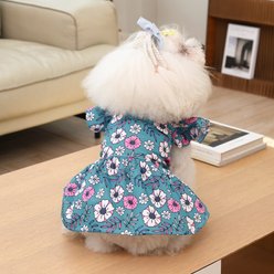 CuteBone Flower Machine Washable Floral Ruffled Sleeves Dog Dress, Blue, Medium slide 2 of 8