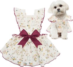 CuteBone Rabbit & Flower Cotton Machine Washable Animal Print Dog Dress with Leash Ring, Yellow/White, Medium