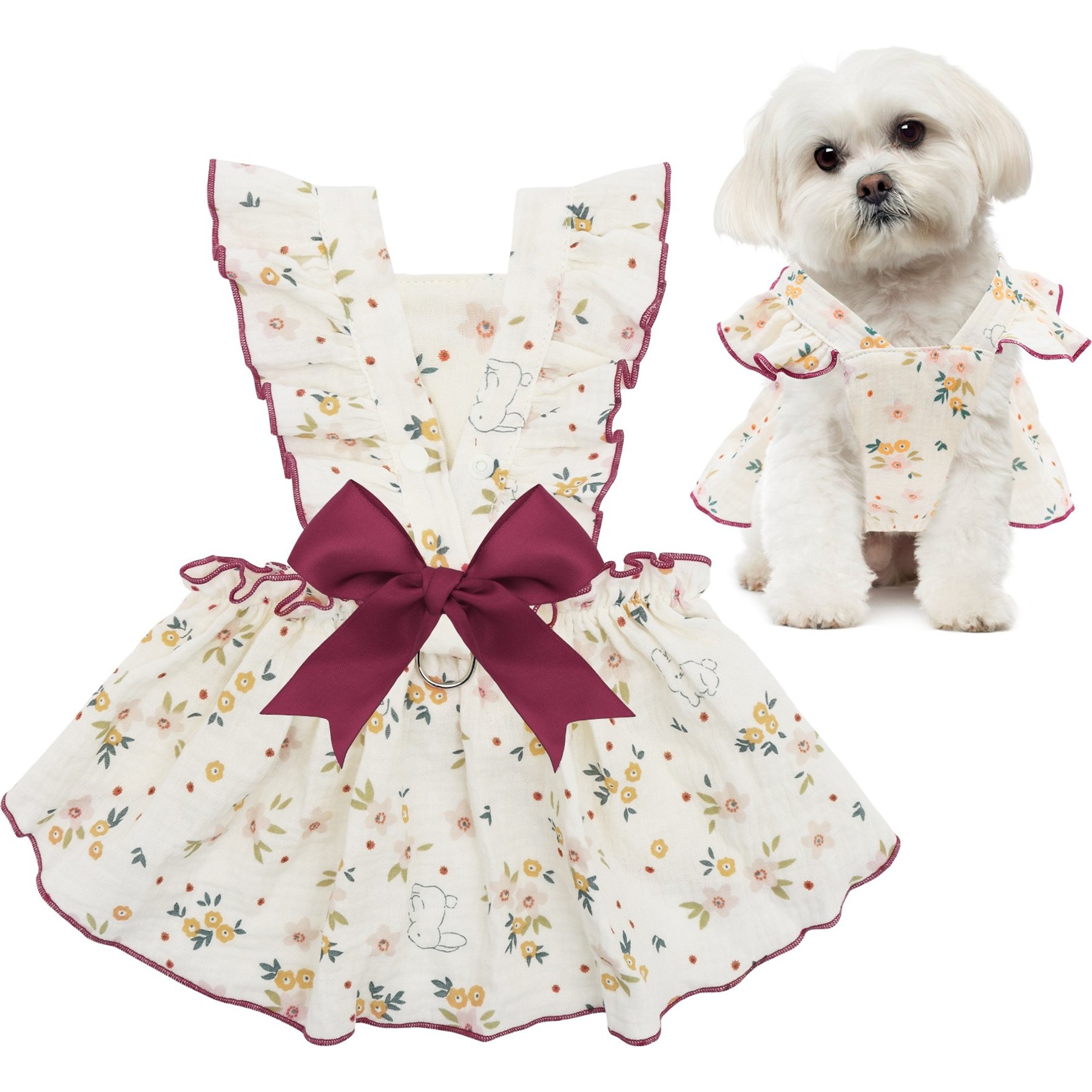 CuteBone Rabbit & Flower Cotton Machine Washable Animal Print Dog Dress with Leash Ring, Yellow/White, Large