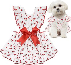 CuteBone Cherry Cotton Machine Washable Dog Dress with Leash Ring, Red/White, X-Small