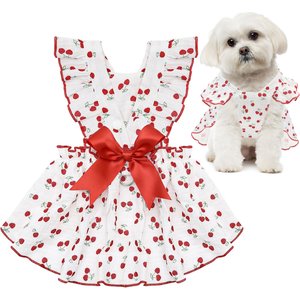 CuteBone Cherry Cotton Machine Washable Dog Dress with Leash Ring, Red/White, X-Small