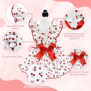 CuteBone Cherry Cotton Machine Washable Dog Dress with Leash Ring, Red/White, Small