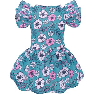 CuteBone Flower Machine Washable Floral Ruffled Sleeves Dog Dress, Blue, Large