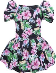 CuteBone Hibiscus Flower Machine Washable Floral Ruffled Sleeves Dog Dress, Black/Pink, Medium