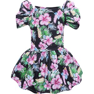 CuteBone Hibiscus Flower Machine Washable Floral Ruffled Sleeves Dog Dress, Black/Pink, Large