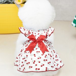 CuteBone Cherry Cotton Machine Washable Dog Dress with Leash Ring, Red/White, Small