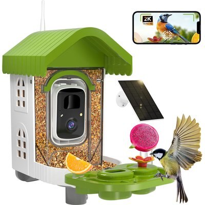 NEEZUKAR NEEZUKAR Solar Smart Camera & Perch Extender House Hopper Bird Feeder, 0.8-L, Green, 3.5-lb
