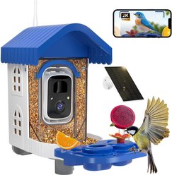 NEEZUKAR Solar Smart Camera & Perch Extender House Hopper Bird Feeder, 0.8-L, Blue, 3.4-lb