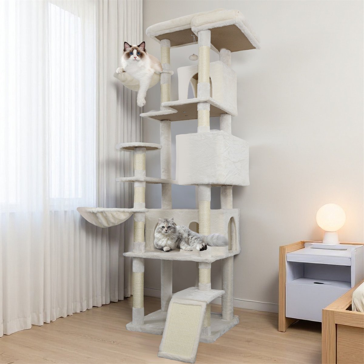 W-Jopns 84-in Cat Tree Tower & Large Condo with Sisal Scratching Posts, Spacious Hammock & Top Platform, Beige