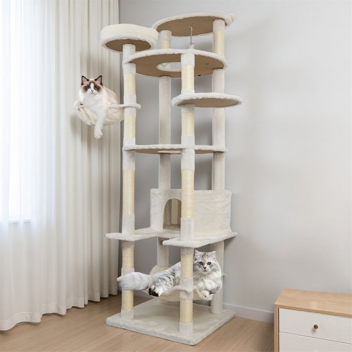 W-Jopns 78-in Cat Tree Tower & Large Condo with Sisal Scratching Posts, Hammock & Top Perch, Beige