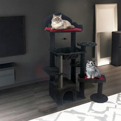 W-Jopns Indoor Gothic Multi-Level 58-in Cat Tree & Condo with Scratching Posts, Perches, Hammock & Cave, Black