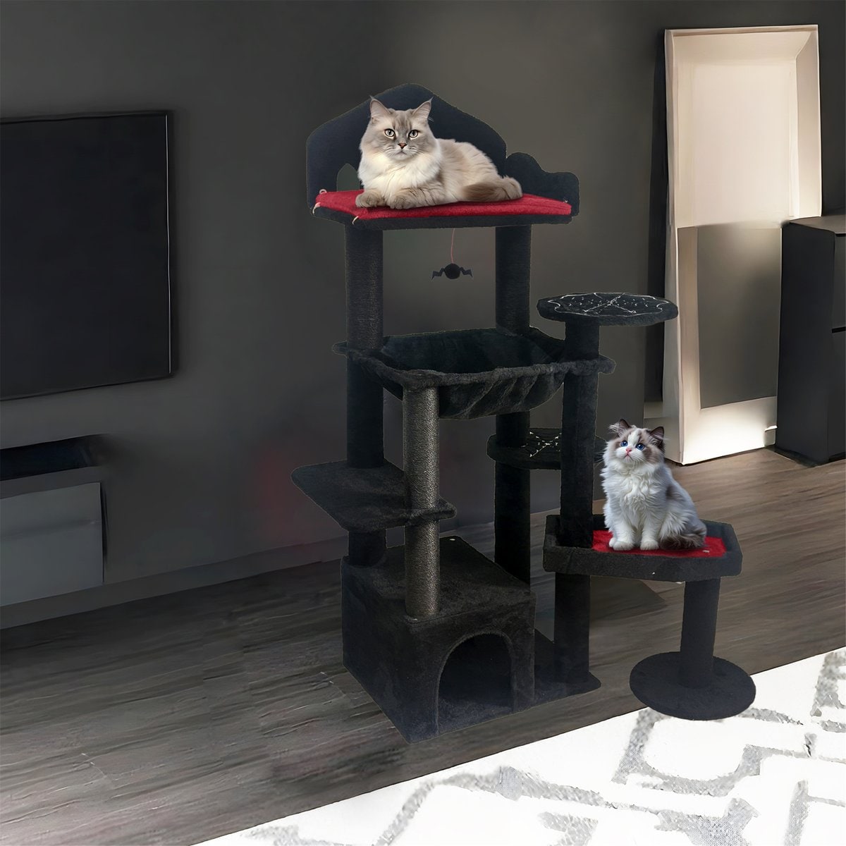 W-Jopns Indoor Gothic Multi-Level 58-in Cat Tree & Condo with Scratching Posts, Perches, Hammock & Cave, Black