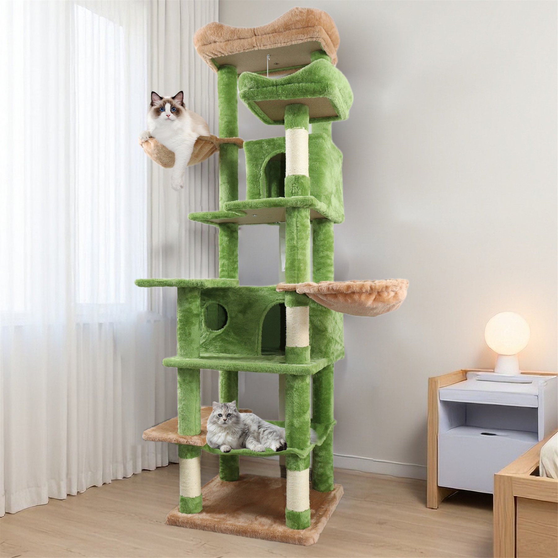 W-Jopns Indoor Multi-Level 68-in Cat Tree & Condo with Hammocks, Cave & Scratching Posts, Green