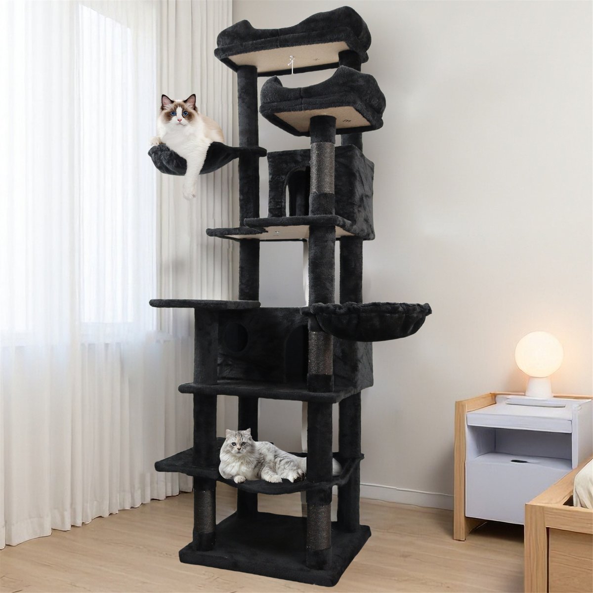 W-Jopns Indoor Multi-Level 68-in Cat Tree & Condo with Hammocks, Cave & Scratching Posts, Black