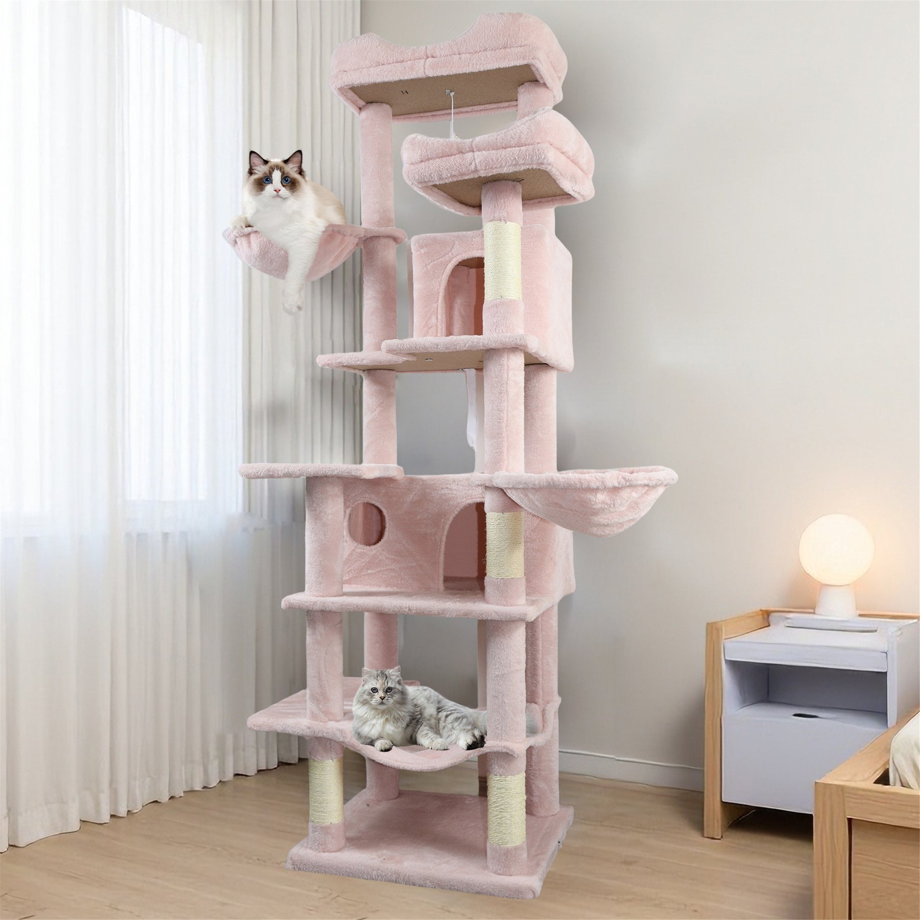 W-Jopns Indoor Multi-Level 68-in Cat Tree & Condo with Hammocks, Cave & Scratching Posts, Pink