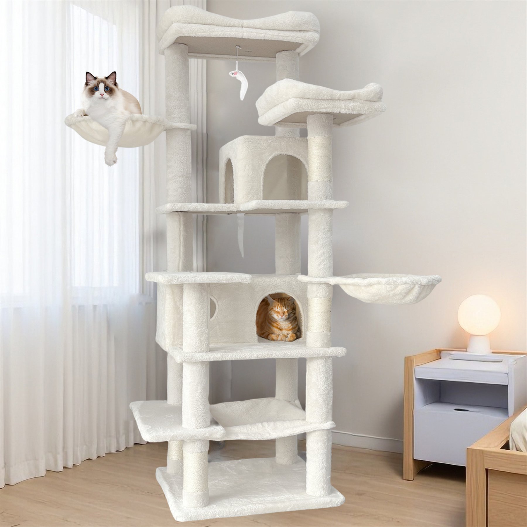 W-Jopns Indoor Multi-Level 68-in Cat Tree & Condo with Hammocks, Cave & Scratching Posts, Beige