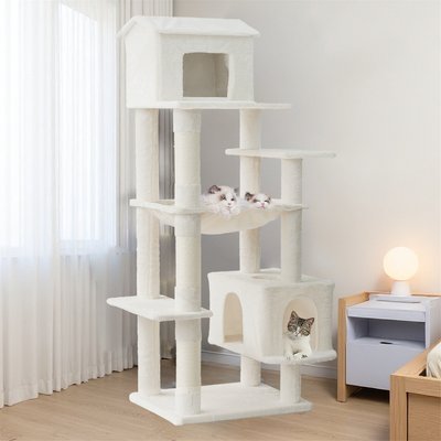 W-Jopns W-Jopns Indoor Multi-Level Plush 64-in Fleece Cat Tree & Condo with Hammock, Hideaway & Scratching Posts, Beige