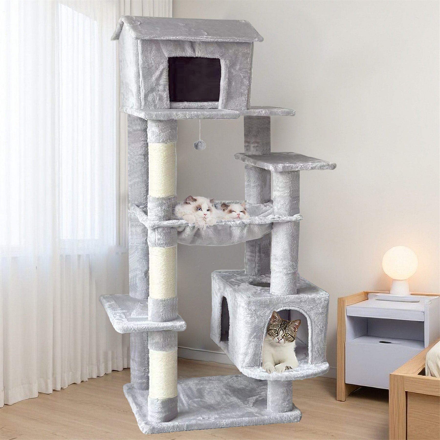 W-Jopns Indoor Multi-Level Plush 64-in Fleece Cat Tree & Condo with Hammock, Hideaway & Scratching Posts, Light Gray
