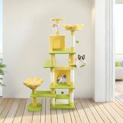 W-Jopns Flower-Themed 71-in Cat Tree & Large Condo with Removable Cushion & Extra-Wide Hammock, Yellow