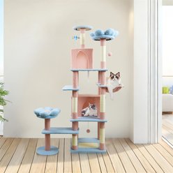 W-Jopns Flower-Themed 71-in Cat Tree & Large Condo with Removable Cushion & Extra-Wide Hammock, Blue