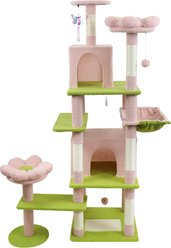 W-Jopns Flower-Themed 71-in Cat Tree & Large Condo with Removable Cushion & Extra-Wide Hammock, Pink
