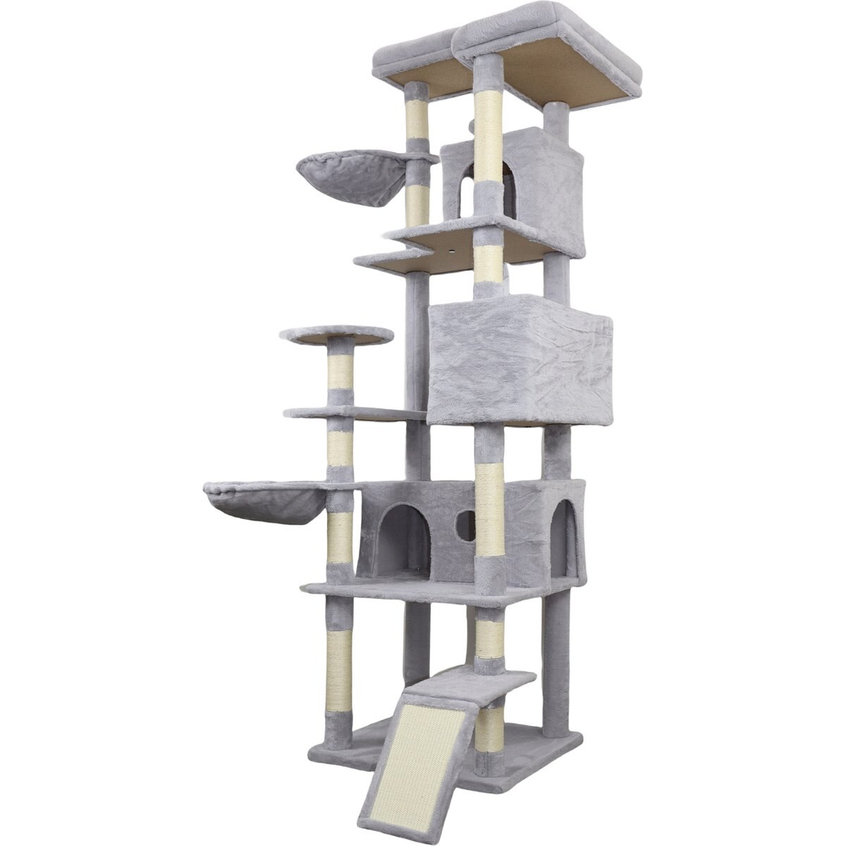 W-Jopns 84.6-Inch Cat Tree Tower & Multiple Condo with Wide Base, Hammocks & Sisal Scratching Posts, Light Gray