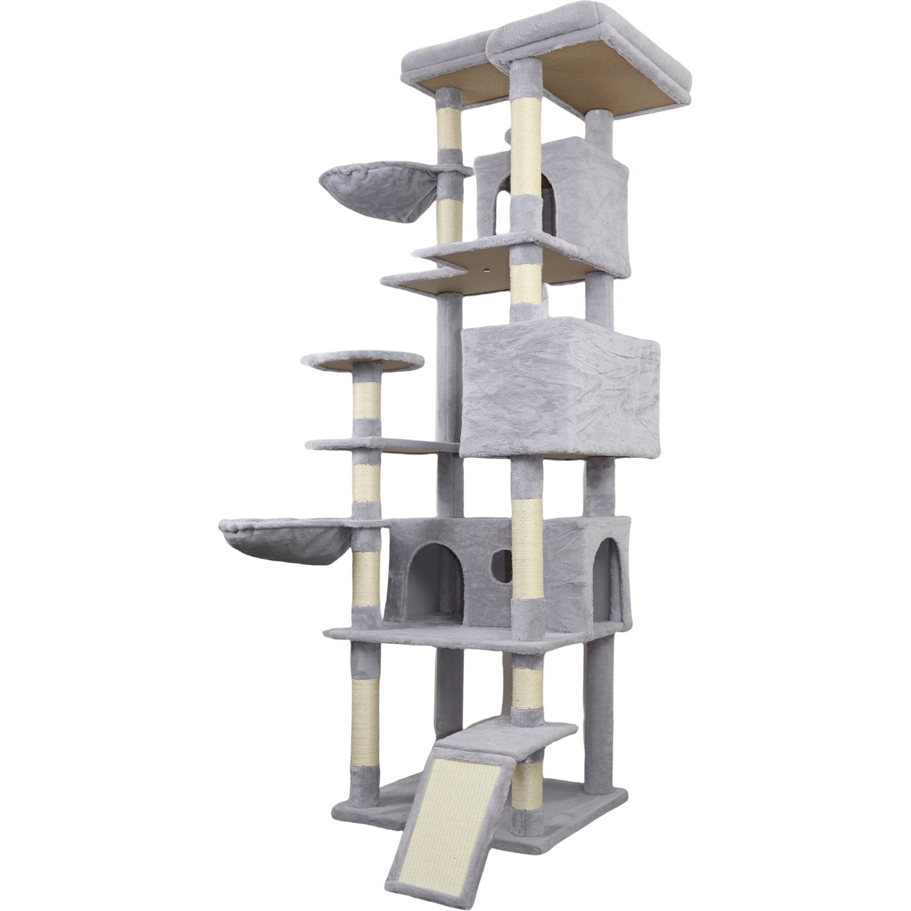 W-Jopns 84.6-Inch Cat Tree Tower & Multiple Condo with Wide Base, Hammocks & Sisal Scratching Posts, Light Gray