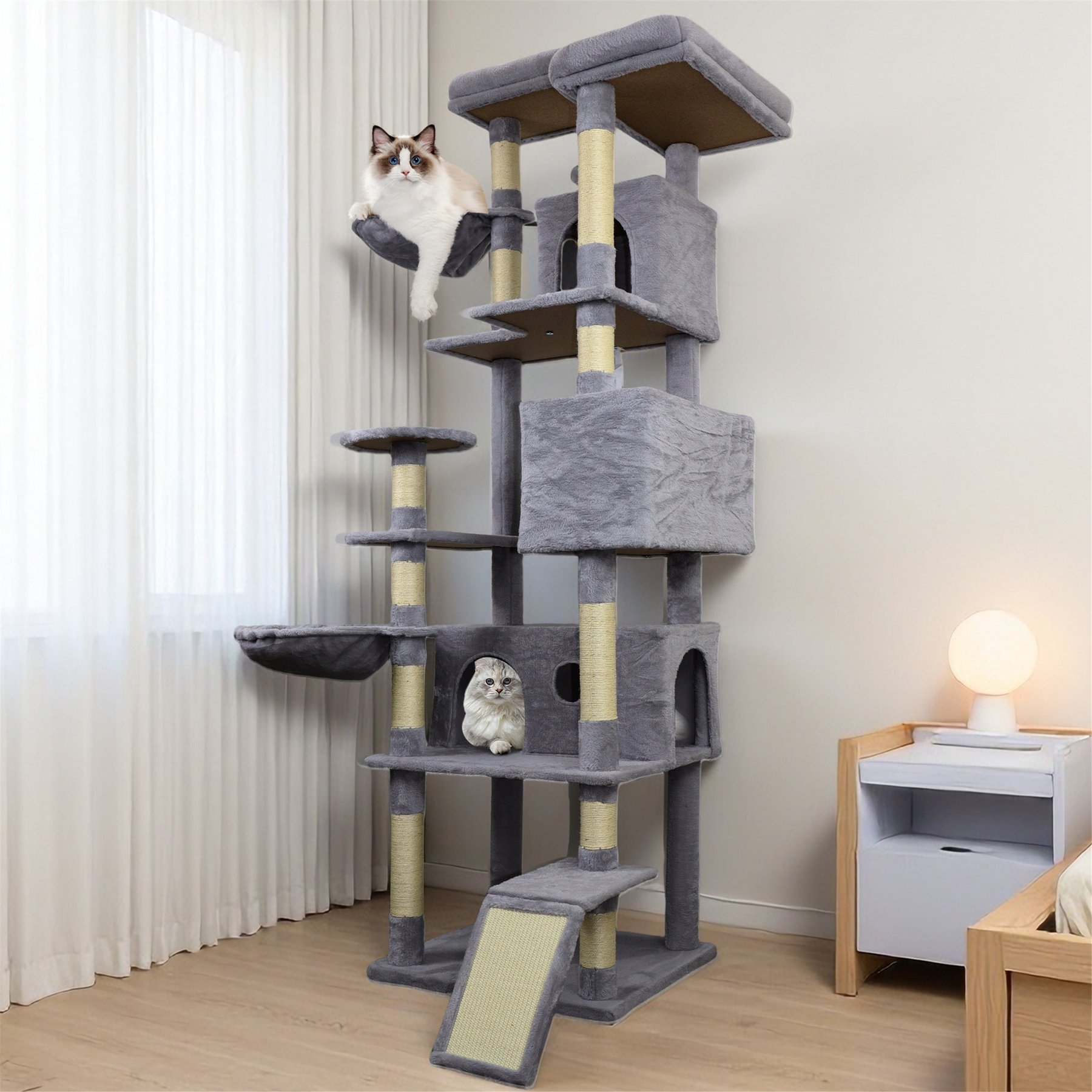 W-Jopns 84.6-Inch Cat Tree Tower & Multiple Condo with Wide Base, Hammocks & Sisal Scratching Posts, Dark Gray
