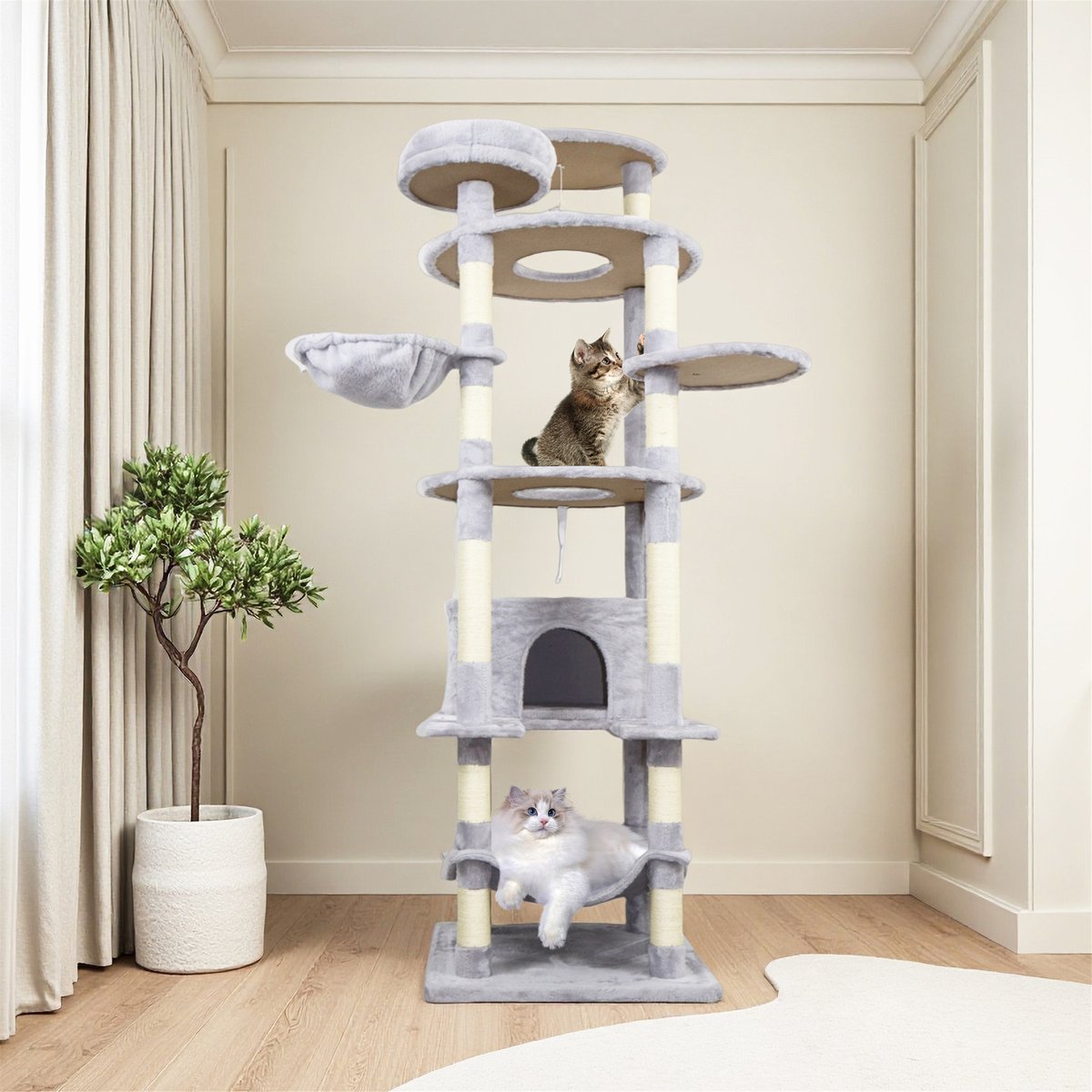 W-Jopns 78.8-inch Cat Tree Tower & Large Condo with Hammock & Multiple Sisal Scratching Posts, Light Gray