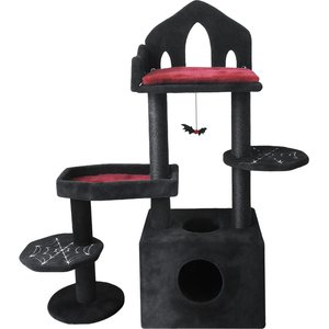 W-Jopns Indoor Multi-Level Spooky 44.5-in Cat Tree & Condo with Scratching Posts, Perches, Hammock & Cave, Black