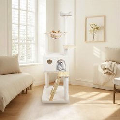 W-Jopns 65-in Wood Cat Tree & Large Condo with Wood Ladder & Transparent Spacecraft, White