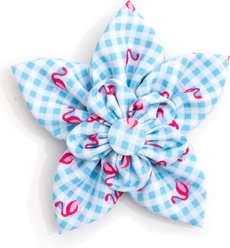 The Worthy Dog Gingham Flamingos Flower Dog Collar Accessory, Aqua, White, Small