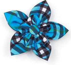 The Worthy Dog Bias Plaid Flower Dog Collar Accessory, Blue, Small