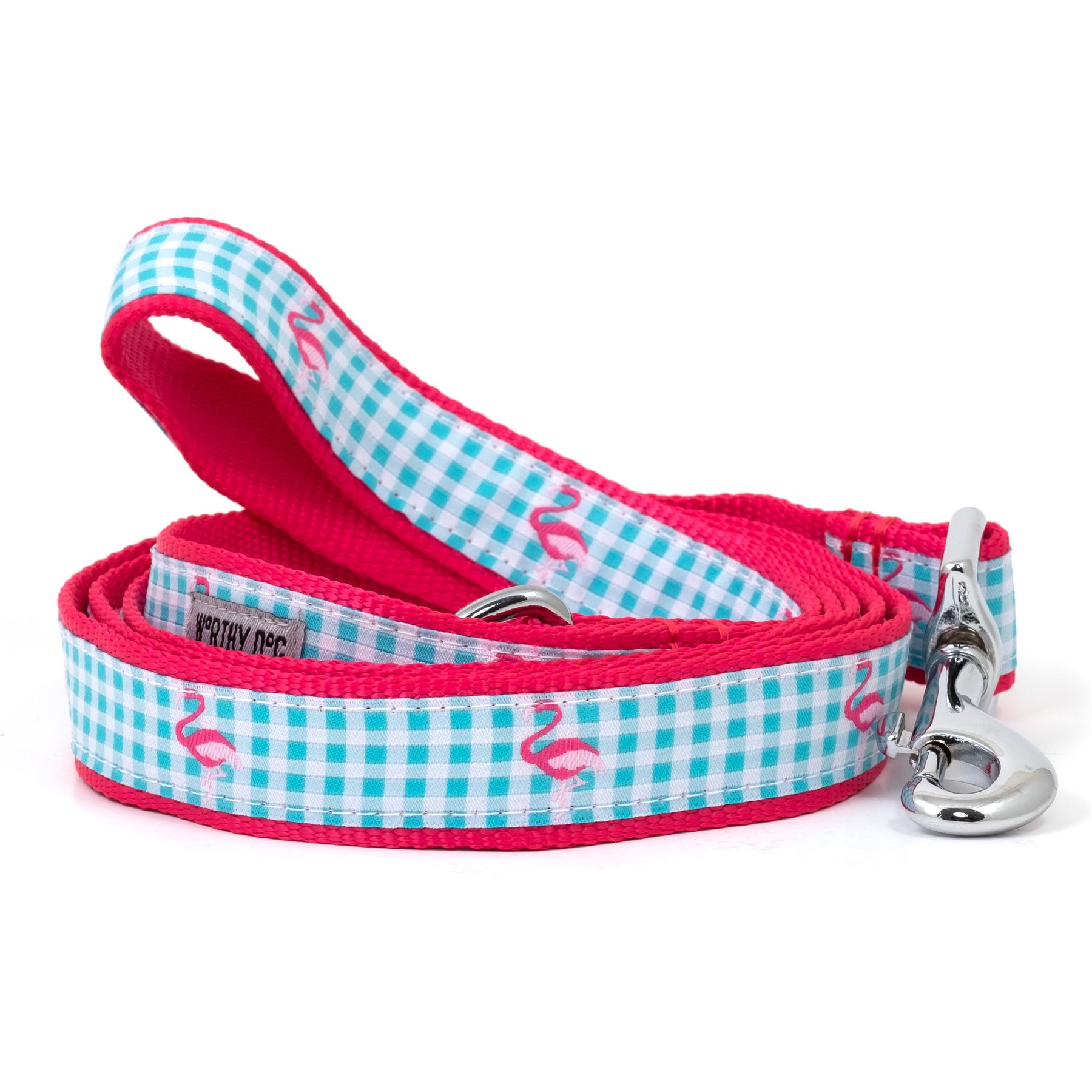 The Worthy Dog Gingham Flamingos Dog Leash, Aqua, Small: 5-ft long, 5/8-in wide