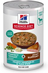 Hill's Science Diet Adult Perfect Weight Management & Joint Support Hearty Vegetables & Tuna Stew Wet Dog Food, 12.5-oz can, 12 count