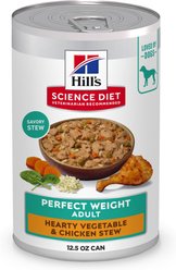 Hill's Science Diet Adult Perfect Weight Management Hearty Vegetable & Chicken Stew Wet Dog Food, 12.5-oz can, case...