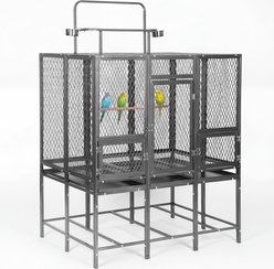 RYPetmia Divided Heavy-Duty Metal Parrot Bird Flight Cage with Playtop, Stand, Feeding Cups & Perches, Large, Gray