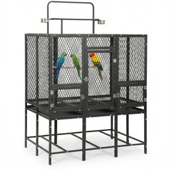 RYPetmia Divided Heavy-Duty Metal Parrot Bird Flight Cage with Playtop, Stand, Feeding Cups & Perches, Large, Black