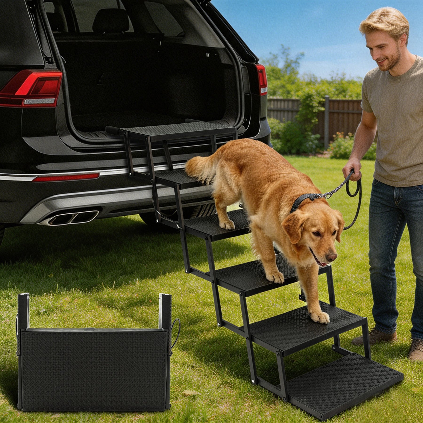 Niubya Foldable Dog Car Ramp, Black, 6 step