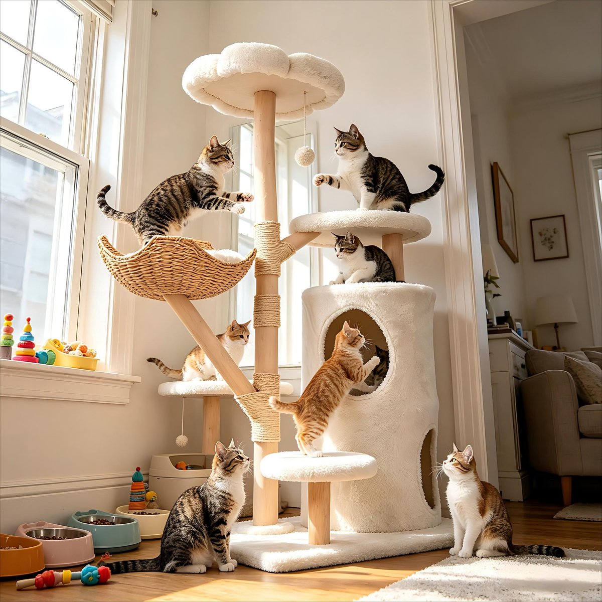 Wisfor Indoor 53.54-in Polyester Condo Cat Tree Tower with Scratching Posts, Top Perches & Hideaways, White