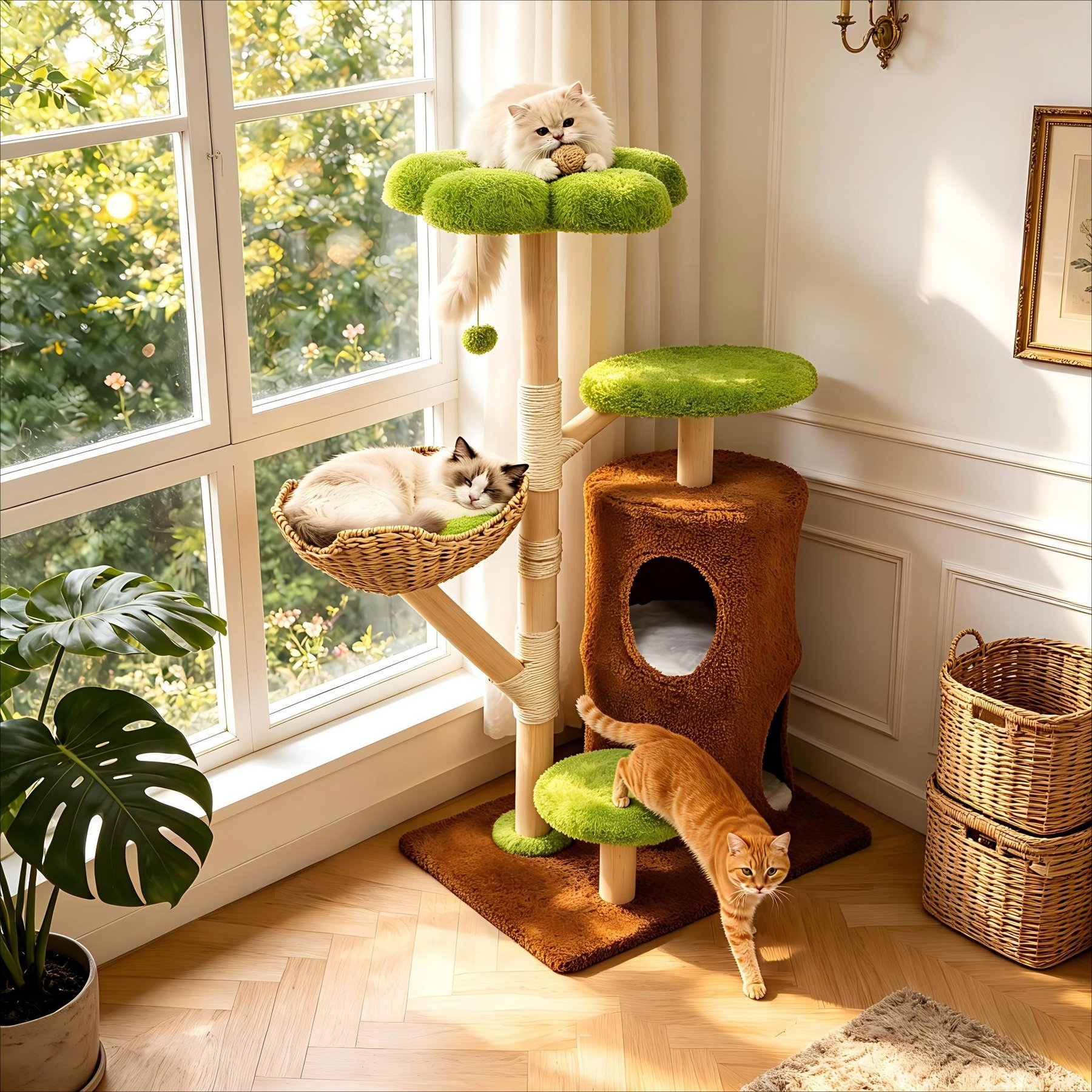 Wisfor Indoor 53.54-in Polyester Condo Cat Tree Tower with Scratching Posts, Top Perches & Hideaways, Green