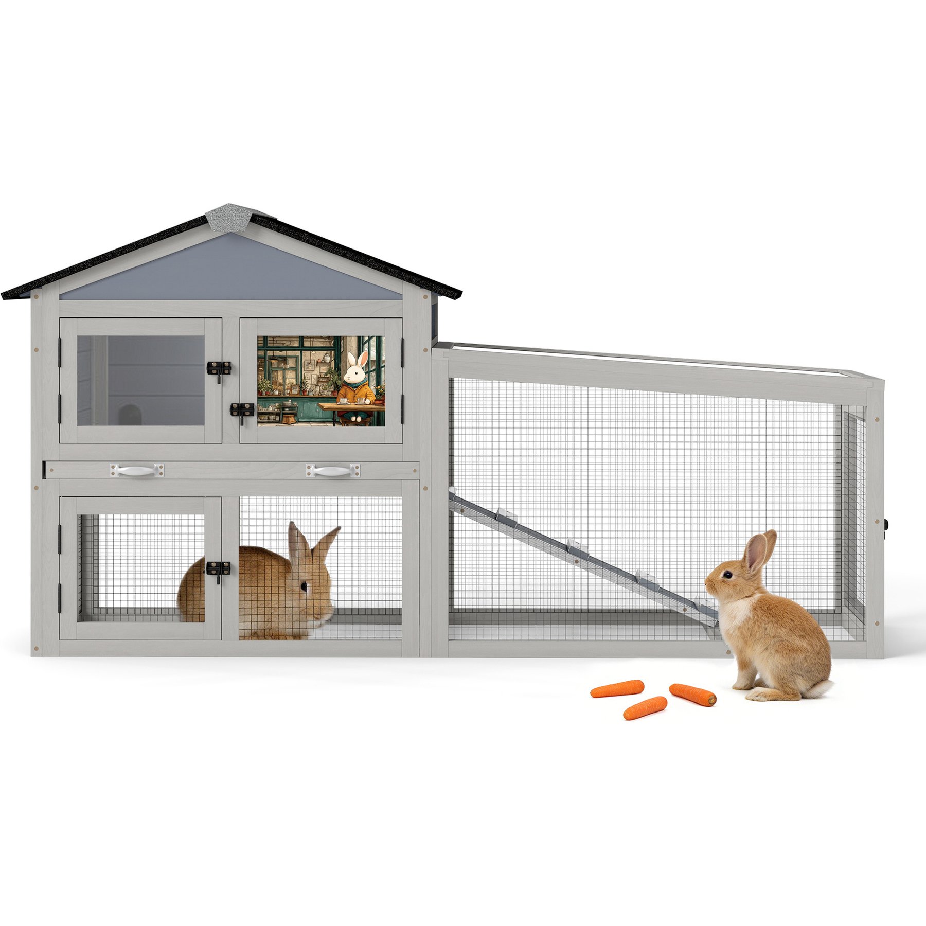 Coziwow Outdoor Weatherproof Asphalt Roof with Sunlight Panels Rabbit Hutch with 2 Run Boxes, Grey