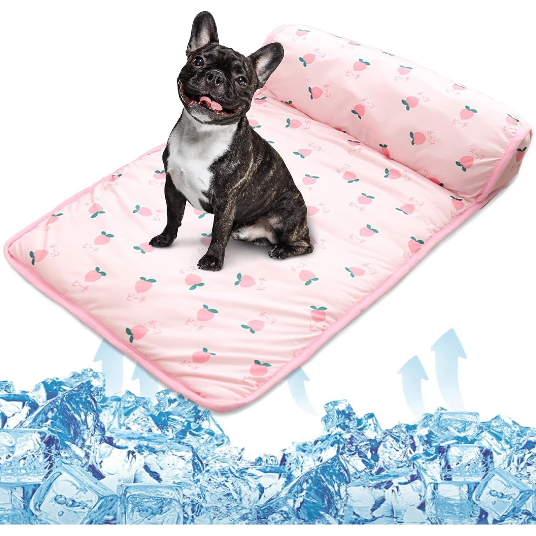NANAKI Ice Silk Washable Cooling Mat Dog Bed with Pillow, Pink, Large