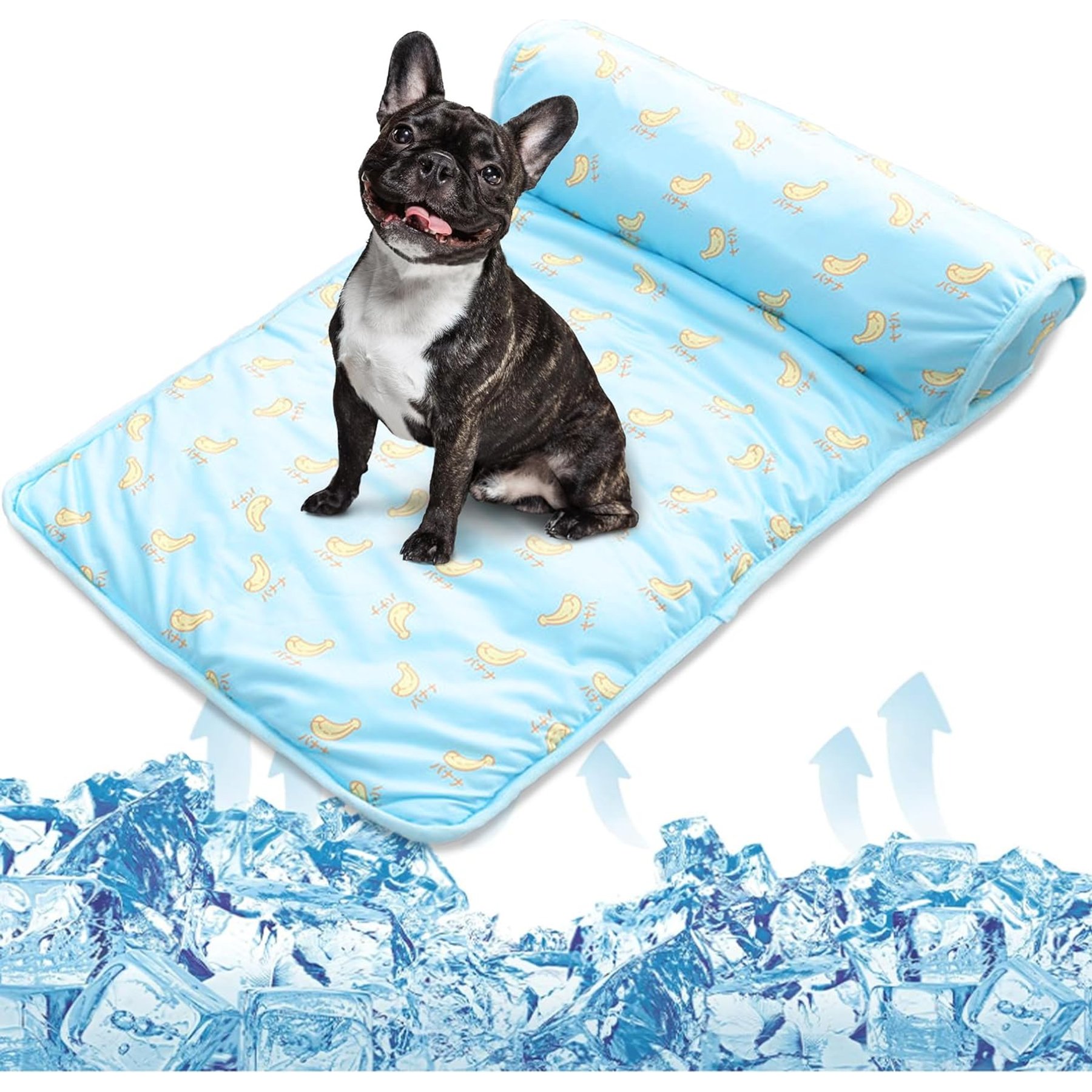 NANAKI Ice Silk Washable Cooling Mat Dog Bed with Pillow, Blue, Small